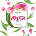 Mother`s day sale shopping special offer holiday banner vector illustration. White plate with pink tulips on seamless