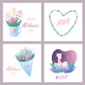 Mother`s Day.Set of greeting cards.Vector illustration with flowers, hearts, mom and baby. For postcards, stickers. For your Royalty Free Stock Photo