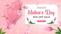 Mother`s Day Special Offer. 50 percent Off Sale banner design with frame, pink heart shaped balloons on rosy background Royalty Free Stock Photo