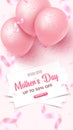 Mother`s Day Special Offer vertical banner. 50 percent Off Sale poster with white sheet pink balloons on rosy background