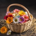 Colorful daisies in a woven basket. Mother\'s Day Flowers Design concept