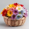 Colorful daisies in a woven basket. Mother\'s Day Flowers Design concept