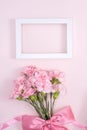 Mother`s Day, Valentine`s Day background design concept, beautiful pink carnation flower bouquet on pastel pink table, top view, Royalty Free Stock Photo