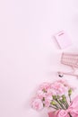 Mother`s Day, Valentine`s Day background design concept, beautiful pink carnation flower bouquet on pastel pink table, top view, Royalty Free Stock Photo