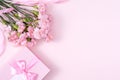 Mother`s Day, Valentine`s Day background design concept, beautiful pink carnation flower bouquet on pastel pink table, top view, Royalty Free Stock Photo