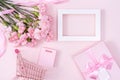 Mother`s Day, Valentine`s Day background design concept, beautiful pink carnation flower bouquet on pastel pink table, top view, Royalty Free Stock Photo