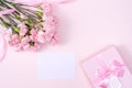 Mother`s Day, Valentine`s Day background design concept, beautiful pink carnation flower bouquet on pastel pink table, top view, Royalty Free Stock Photo