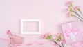 Mother`s Day, Valentine`s Day background design concept, beautiful pink carnation flower bouquet on pastel pink table, top view, Royalty Free Stock Photo