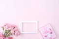 Mother`s Day, Valentine`s Day background design concept, beautiful pink carnation flower bouquet on pastel pink table, top view, Royalty Free Stock Photo