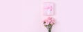 Mother`s Day, Valentine`s Day background design concept, beautiful pink carnation flower bouquet on pastel pink table, top view, Royalty Free Stock Photo