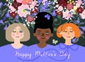 Vector. Happy Mother`s Day ready to print postcard with beaytiful meadow wild flowers and three ladies