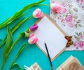 Mother`s Day, woman`s day. tulips ,presents and letter on wooden background Royalty Free Stock Photo