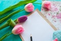 Mother`s Day, woman`s day. tulips ,presents and letter on wooden background Royalty Free Stock Photo