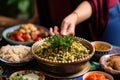 mother serving a falafel bowl to her family