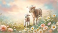 Mother Sheep and Lamb in a Meadow of Spring Flowers Royalty Free Stock Photo