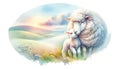 Mother Sheep and Lamb in Pastoral Landscape