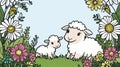 Cute Sheep and Lamb in a Field of Flowers - Adorable Spring Scene Royalty Free Stock Photo