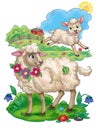 Mother sheep looking at the baby lamb happilly running through the green meadow beautiful illustration Royalty Free Stock Photo