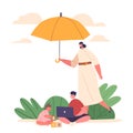 Mother Shield Little Kids Under An Umbrella, Symbolizing Family Protective Embrace. It Embodies The Concept Of Safety
