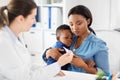 Mother with sick baby son and doctor at clinic