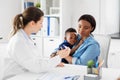 Mother with sick baby son and doctor at clinic