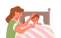 Mother and sick son with cold flu, fever ill vector illustration. Cartoon feverish child lying in bed at home bedroom