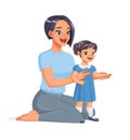 Mother sitting on the floor with her toddler. Cartoon vector illustration.