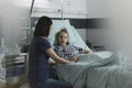 Mother sitting beside hospitalized sick daughter