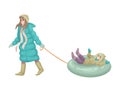 Mother is sledding kid on rubber tube. Vector illustration Royalty Free Stock Photo