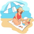 Mother smears sunscreen on her child on the beach. Royalty Free Stock Photo