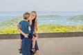 Mother and son in the background of Tropical beach landscape pan Royalty Free Stock Photo