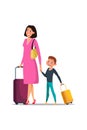 Mother and son with baggage flat illustration