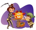 Mother with son carving Halloween pumpkin poster. Cartoon mom and little child dressed in hallows costumes of death and