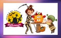 Mother with son carving Halloween pumpkin poster. Cartoon mom and little child dressed in hallows costumes of death and Royalty Free Stock Photo