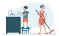 Mother and son cleaning kitchen vector isolated