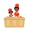 Mother and son cooking. Cakes time, bakery workshop. Isolated afroamerican kid and woman making muffins vector