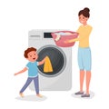 Mother with son doing laundry characters. Child helping mom doing domestic chores isolated illustration. Parent with kid