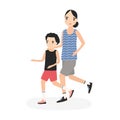 Mother and son dressed in sportswear running or jogging together. Parent and child taking part in marathon. Cartoon