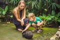 Mother and son feeds the rabbit. Cosmetics test on rabbit animal. Cruelty free and stop animal abuse concept Royalty Free Stock Photo