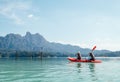 Mother and son floating on kayak together on Cheow Lan lake in Thailand Royalty Free Stock Photo