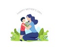 Mother and son with flower bouquet. Happy mothers day greeting card. Vector