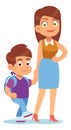 Mother with son. Daily happy boy hold moms hand, cute school pupil with backpack, happy young parent, happy family