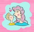 Mother and son kissing Cartoon vector illustration, Mothers Day, March 8. Hand draw doodle cartoon people, Paintbrush stroke