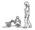 Mother and son outdoor lifestyle portrait in a park setting. Continuous line drawing. Isolated on the white background