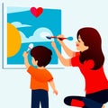 Mother and son painting a picture on the wall. Vector illustration. Generative AI Royalty Free Stock Photo