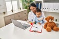 Mother and son pediatrician and patient auscultating chest at clinic Royalty Free Stock Photo