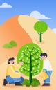 mother and son planting a tree in desert to protect the environment. arbor day concept. world environment day.