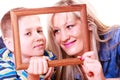 Mother and son play with empty frame