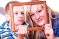 Mother and son play with empty frame.