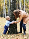 Mother with son play seek and hide Royalty Free Stock Photo